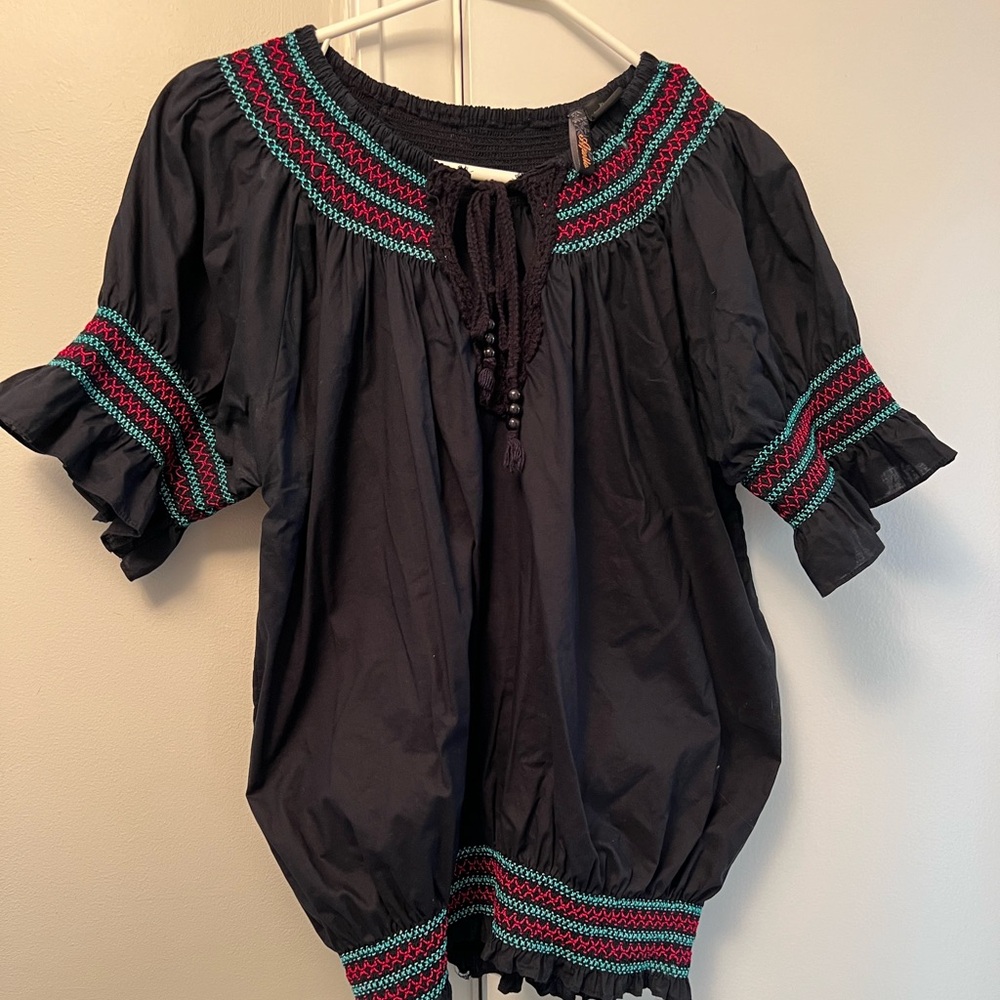 Apollo Black Blouse with Embroidered Detail in Turquoise and Red
